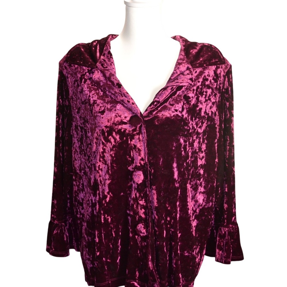 Susan Graver Style Velvet‎ Shirt Women XL Bell Sleeve Button Front Crushed Plum